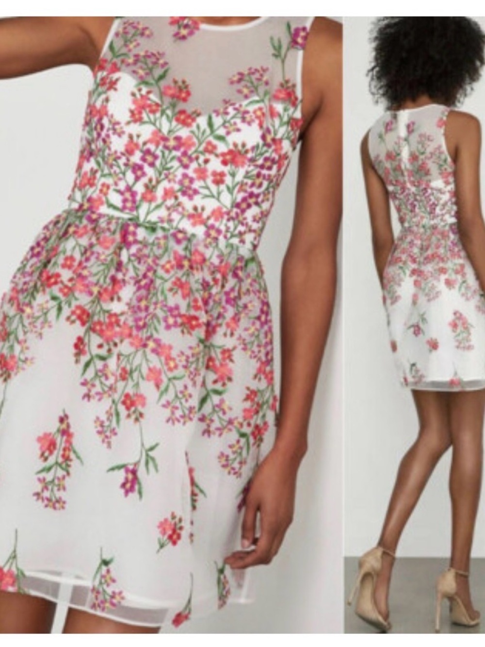BCBG Max Azria Floral Embroidered Dress Sheer Overlay Garden Party Coquette - Picture 2 of 9